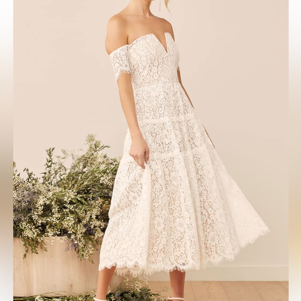 Lulus Absolutely Stunning White Lace off the Shoulder Midi Dress Size Medium